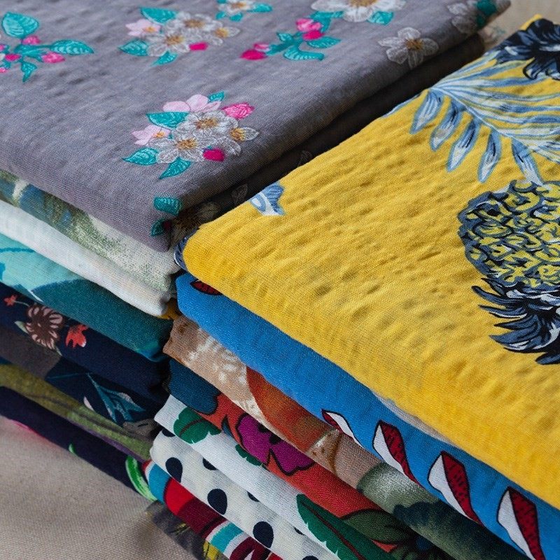 Summer slim fit dark lattice Bubble Artificial Cotton Pure Cotton Linen Fabric Qipao Dress Printed Linen Clothing Fabrics