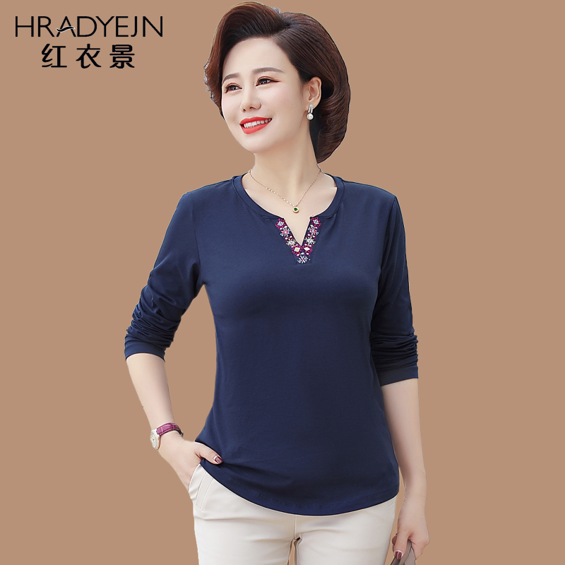 2021 spring new middle-aged women's long-sleeved inner jacket 40-year-old young mother pure cotton t-shirt top