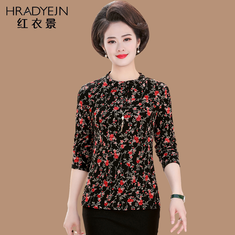 Middle-aged women's spring top Long-sleeved inner jacket 50-year-old mother's spring and autumn floral velvet T-shirt small shirt new product