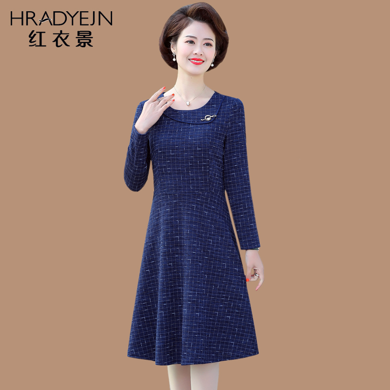 Foreign school mother dress long-sleeved 2021 autumn new fashion middle-aged women's over-the-knee long dress 40-50 years old