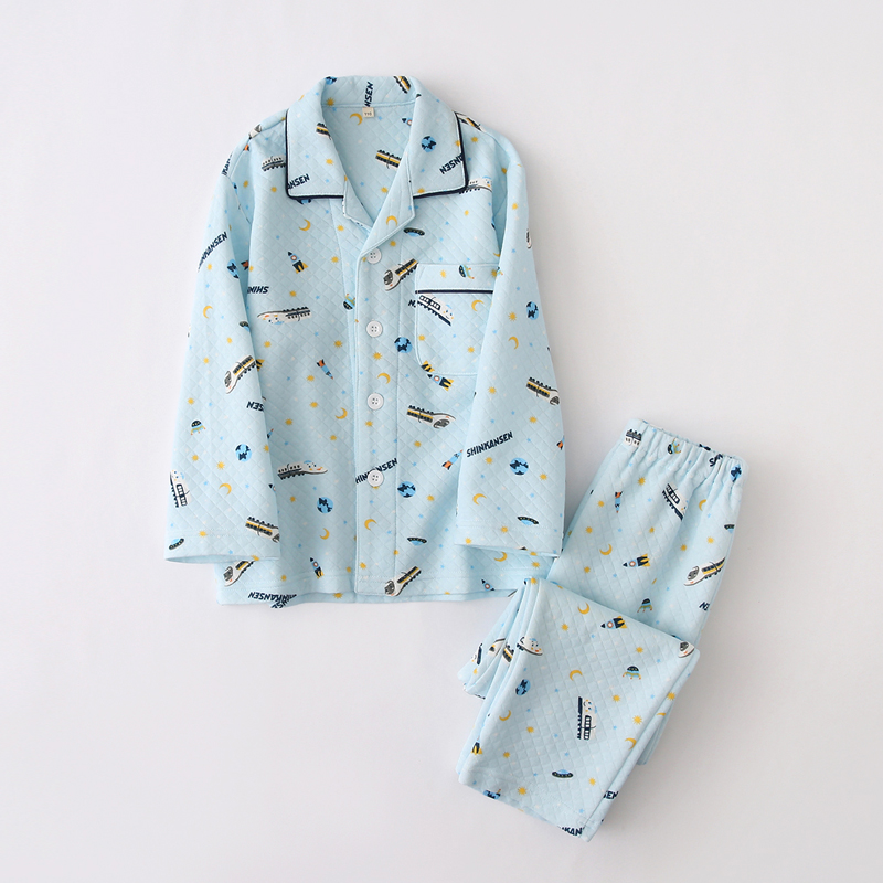 Autumn Winter Full Cotton Air Cotton Boy Long Sleeve Cartoon Pyjamas Pants Set Han Edition Children Pure Cotton Warm Family Clothes Boy