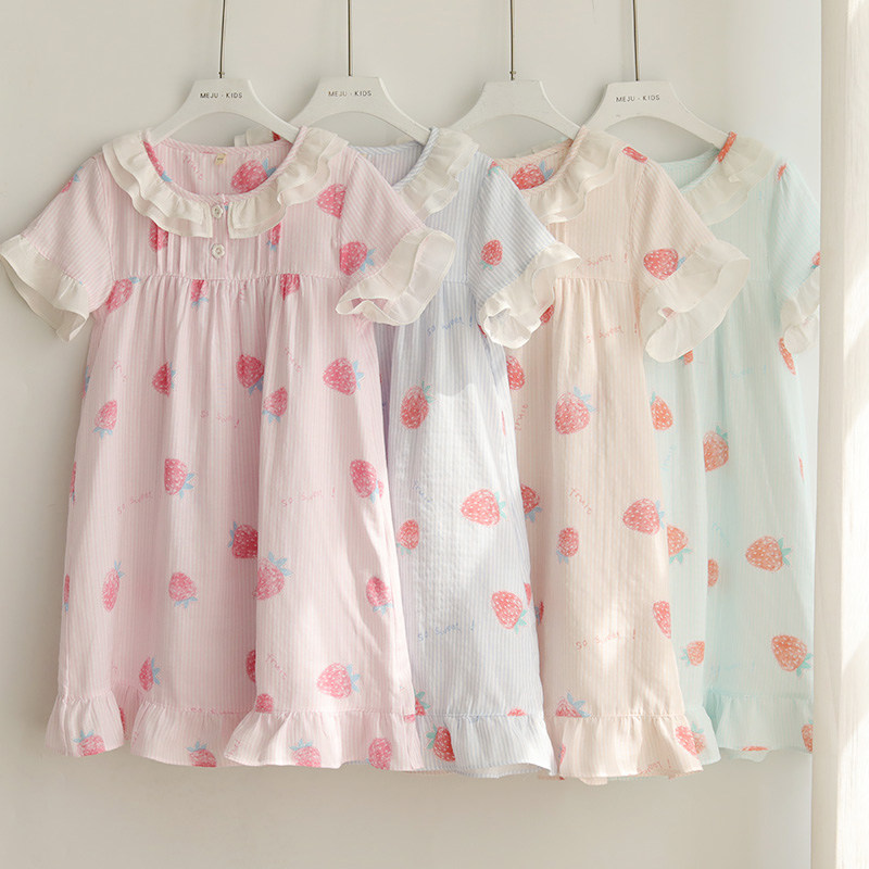 Summer girl short sleeve sleeping dress pure cotton cloth cute cotton linen parent-child girl baby pyjamas dress princess nepotism