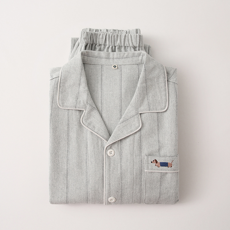 Spring and Autumn Couple's Pure Cotton Flannel Pajamas Men's Long-Sleeved Casual Striped Autumn and Winter Pure Cotton Brushed Couple's Loungewear