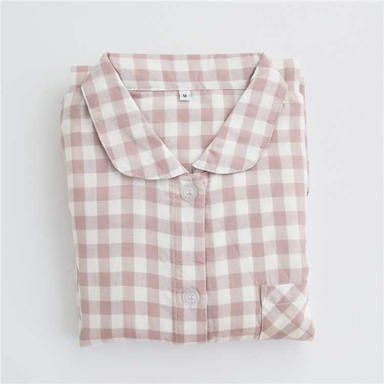 Foreign trade Japanese single ladies cotton gauze pajamas spring and autumn long-sleeved simple plaid loose plaid home service suit