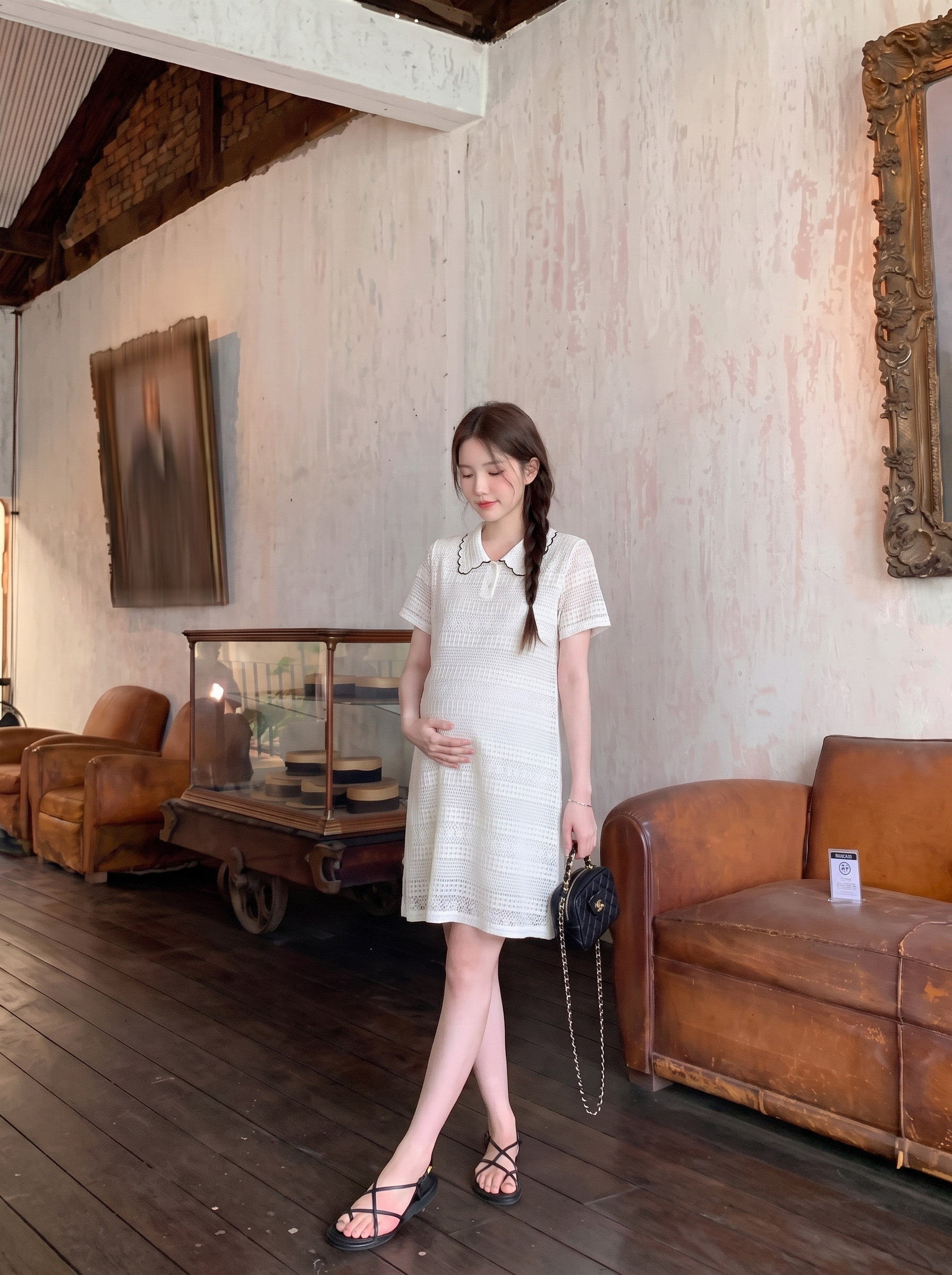 孕妇装女夏连衣裙2026新款法式宽松遮肚花边polo领长裙夏季孕妇裙 — 14