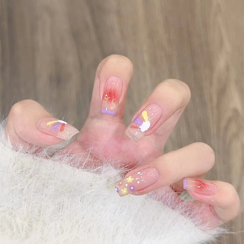 Dopamine Wearable Nail Short Summer Blush Rainbow 2023 New Finished Manicure Removable Nail Patch