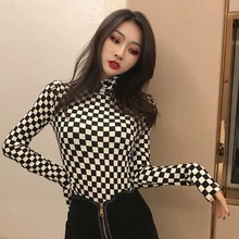 欧美风黑白格子修身 小高领紧身打底上衣长袖 T恤 2018秋冬女装 新款