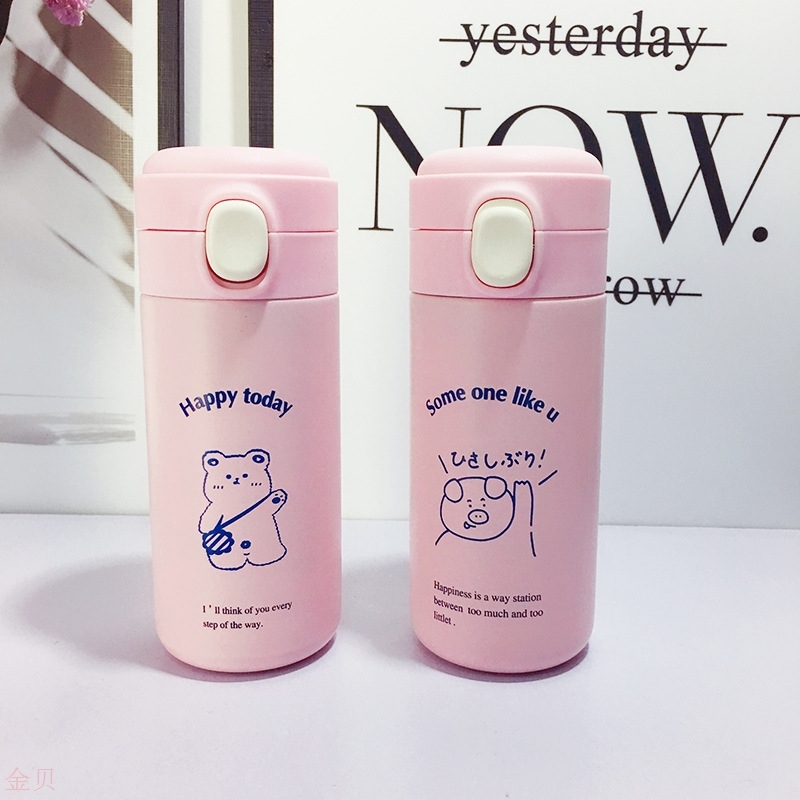 Cartoon Pig Insulated Cup Mesh Red Peas Bounce Lid Portable Water Glass Vacuum 304 Stainless Steel Jug Bottle