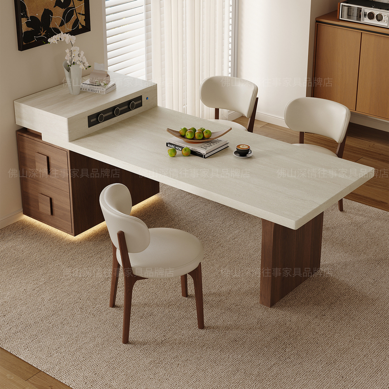 Medieval-Style Island Table with Integrated Dining Table for Home Use, Extendable, Suitable for Small Apartments, Kitchen Against the Wall, Travertine Stone Island Table