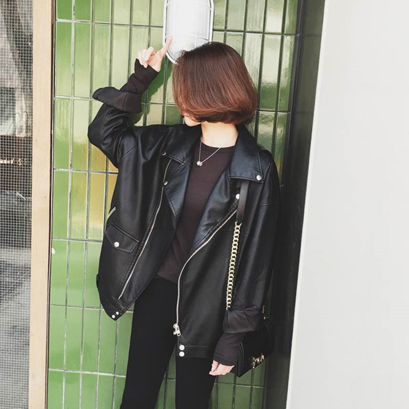 Genuine leather jacket women's net red retro loose casual slim suit collar motorcycle jacket plus size trendy