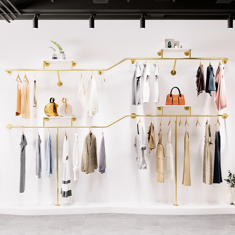 Clothing store display rack on the wall display rack stainless steel men's and women's clothing special store shelf gold and silver clothes rack customization