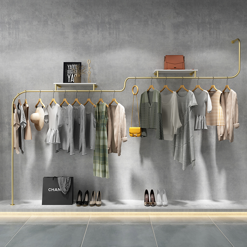 Clothing store shelves, wall-mounted gold display racks, women's clothing store special silver clothes hangers, custom-made