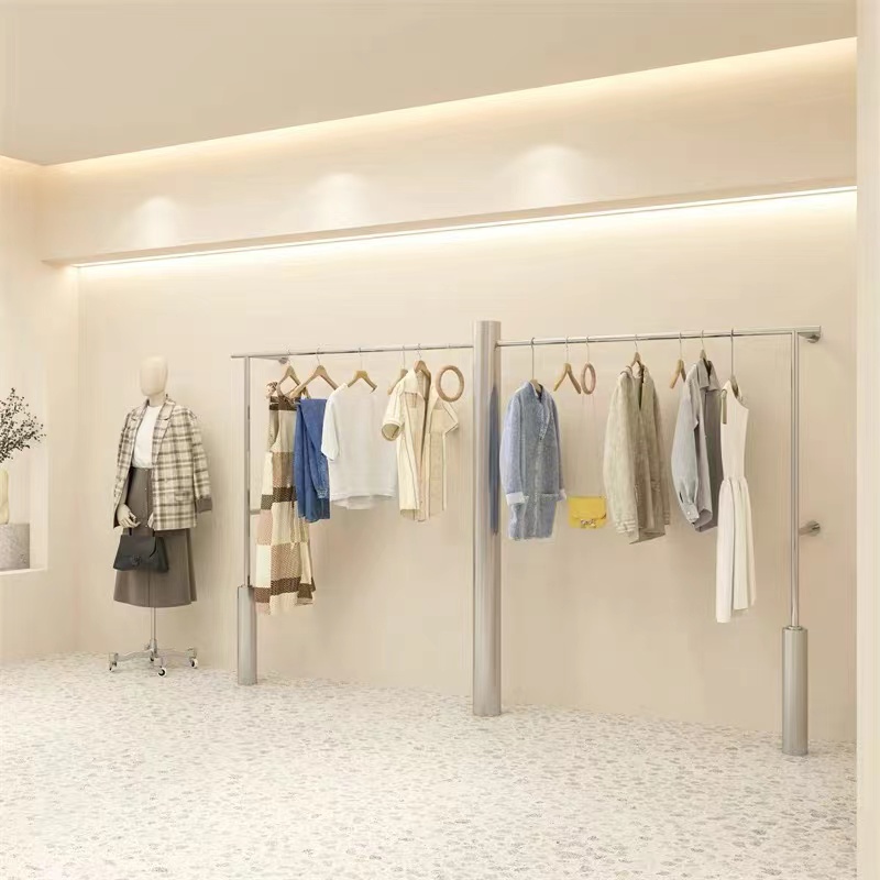 Clothing Store Show Shelves Landing Style Stainless Steel Silver upper wall Wall-mounted Clothes Shop Shelves Display Props Racks