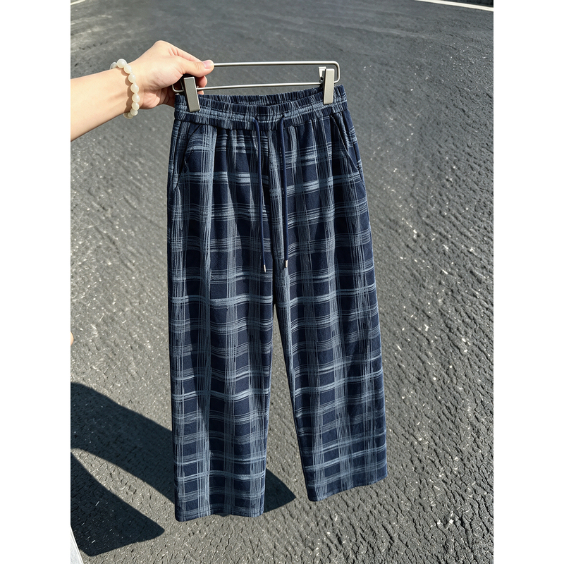 Navy Blue Plaid Pants for Men, Autumn Casual Relaxed Style, Loose Fit, Drapey Straight-Leg Sports Pants Navy Blue Plaid Pants for Men, Autumn Casual Relaxed Style, Loose Fit, Drapey Straight-Leg Sports Pants