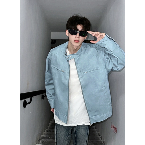 Синяя короткая демисезонная куртка, в американском стиле