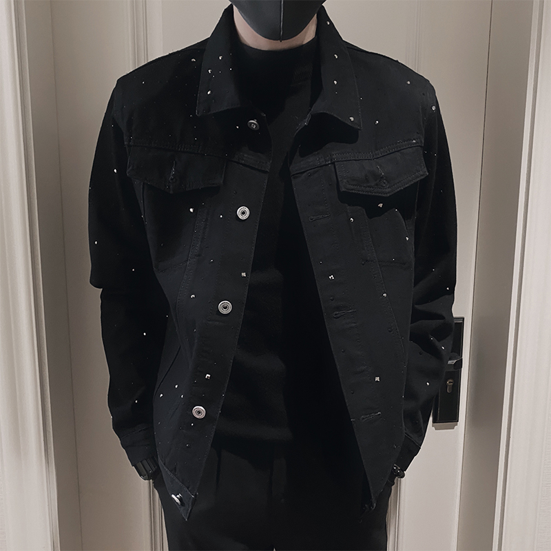 Cleanfit Black Denim Jacket Men's Spring and Autum Trendy Brand Diamond-Encrusted Starry Top Handsome Workwear Jacket