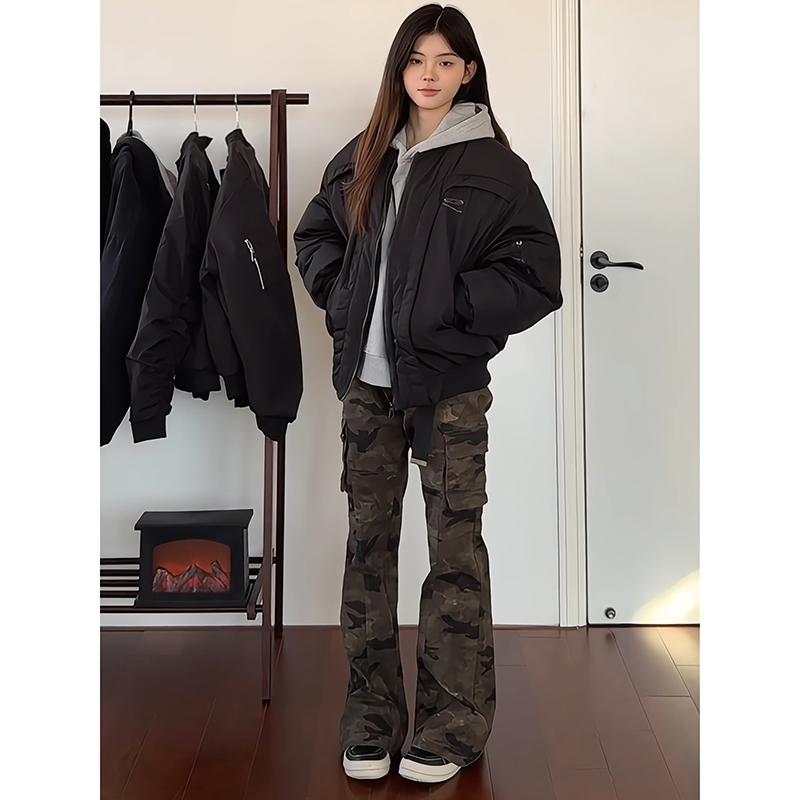 ahcn 迷彩オーバーオールメンズ秋冬アメリカンレトロスリムパンツクリーンフィットマイクロフレアストレートパンツ