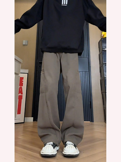 美拉德咖色加绒牛仔裤男款秋冬美式复古水洗工装裤子痞帅直筒长裤