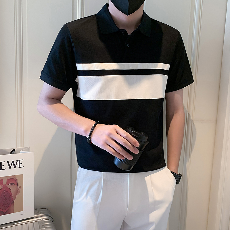 Black and White Color-Blocked Men's Polo Shirt, Summer High-End Style, Mature Style Shirt Collar T-Shirt, Casual Lapel Short-Sleeved Men's Style
