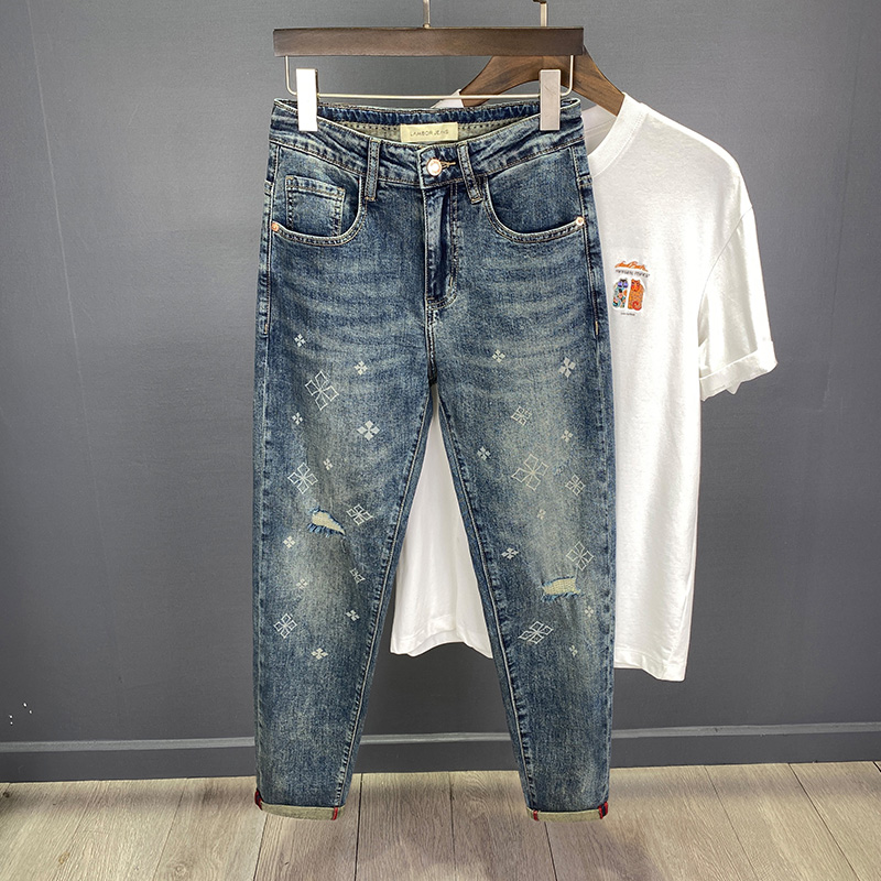 Spring and Autumn High end Jeans with Men's Trendy Brand Printed Hole Patches, Personalized Design, Slim fit, Small_voghion.com