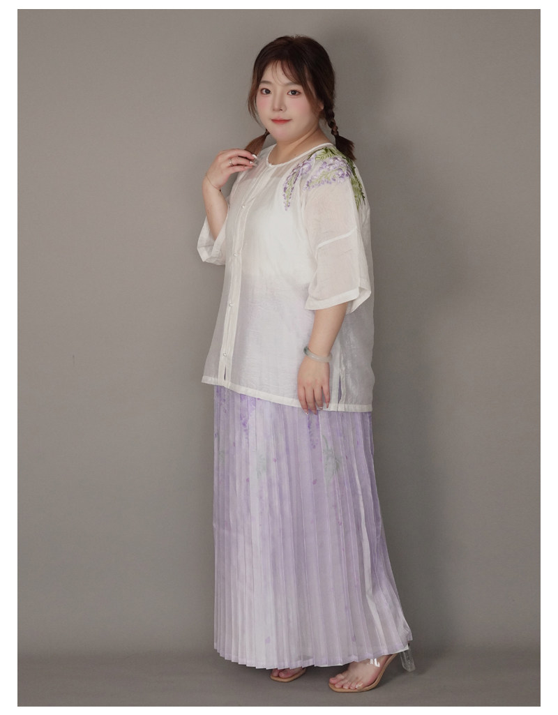 Китайцы одежда наборы 随淇自然【紫藤】大码汉服女春夏明制绣花天丝提花圆领半袖对襟衫