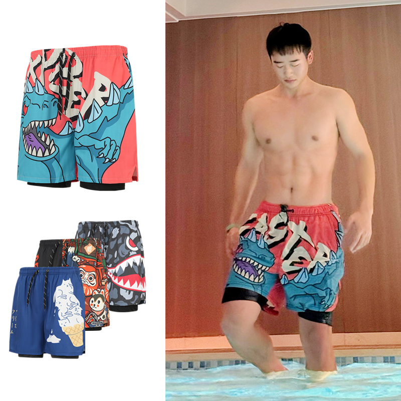 Lancia Double-Layer Breathable Boxer Swimming Trunks for Men with Dinosaur Pattern Beach Swimming Training Quick-Drying Sports Shorts Large Size