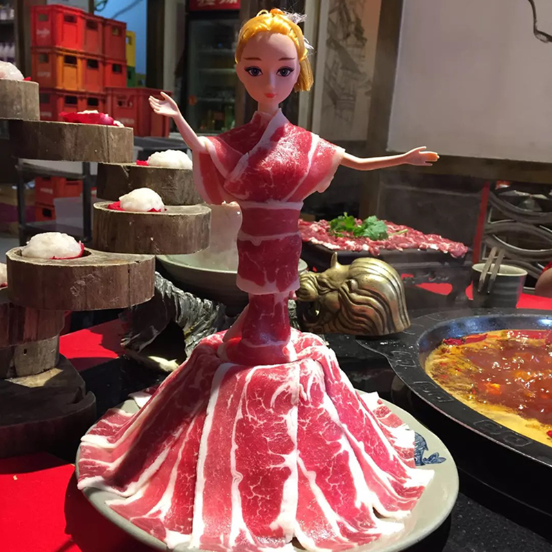 Qianxi characteristic self-service small hot pot restaurant creative shabu-shabu tableware Barbie doll personality beef and mutton roll fat beef rack