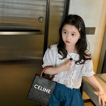 Girl Short Sleeve Shirt Summer New Boy Dress Foreign Air White Color Wood Ear Side Cramp Blouses Big Boy Girl Hit Bottom