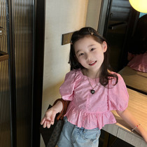Girl Short Sleeve Shirt Foreign Air Pink Short blouse Summer New child clothing Little girl Korean version lace shirt cotton