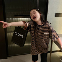 Girl Stripes Loose Short Sleeve T-shirt Summer New Girl Dress CUHK Child Korean Version Little Girl Child Blouse Letters