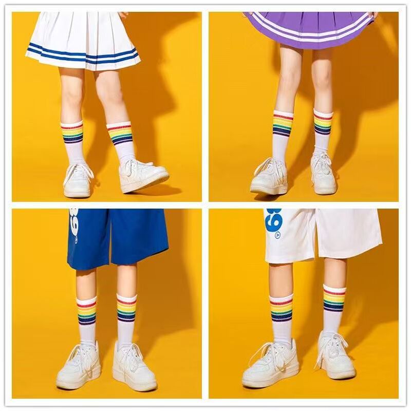 Children's Mid-Length Socks for School Dance Performances, Rainbow Striped Unisex School Uniform Over-The-Knee Football Socks, Calf Socks