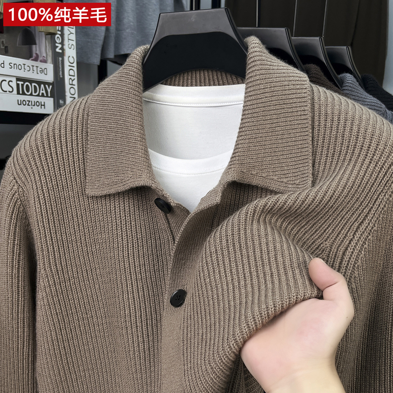 Ordos City Produces 100% Pure Wool Cardigan for Men, Heavyweight, Thickened, Light Luxury, High-End Feel, Lapel Knitted Jacket