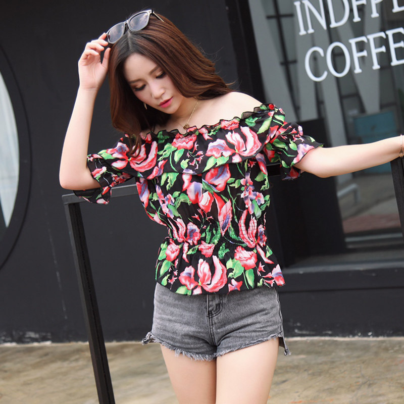 French one-shoulder top female ins Hong Kong style super fairy sweet one-word collar strapless chiffon ruffle loose short-sleeved T