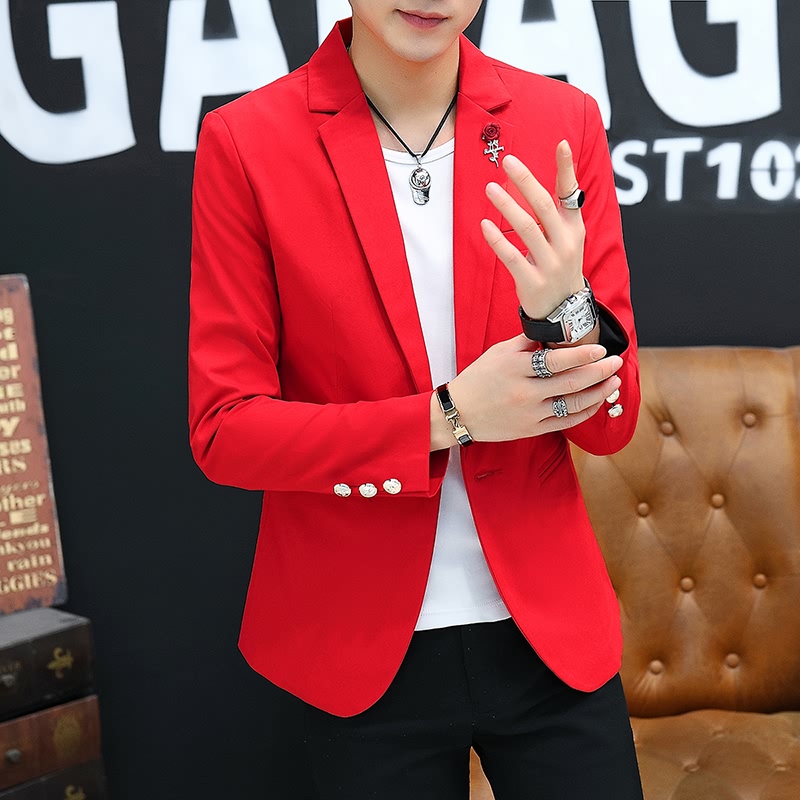Red Suit for Men in Their Zodiac Year, Spring and Autumn Long-Sleeve One-Button Slim-Fit Blazer, Korean Style Single-Breasted Jacket, Youth Formal Wear