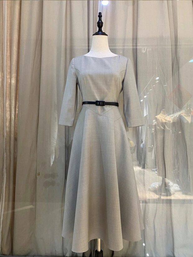 Đầm dài tay cổ tròn dáng chữ A tay bảy tấc phong cách thanh lịch — Màu xanh đậm, Màu xám nhạt chi tiết 16