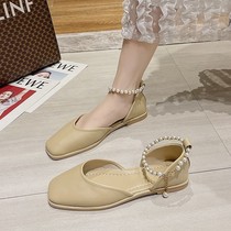 Baotou sandals womens 2021 new summer fairy wind pearl flat explosion high-end sense late night gentle single shoes