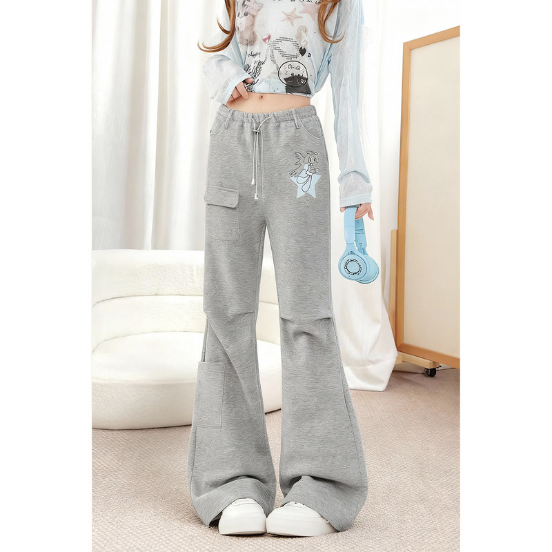 Zrsee Summer Thin Gray Flared Sweatpants for Women, High-Waisted, Slimming, American-Style Wide-Leg Casual Flared Sports Pants