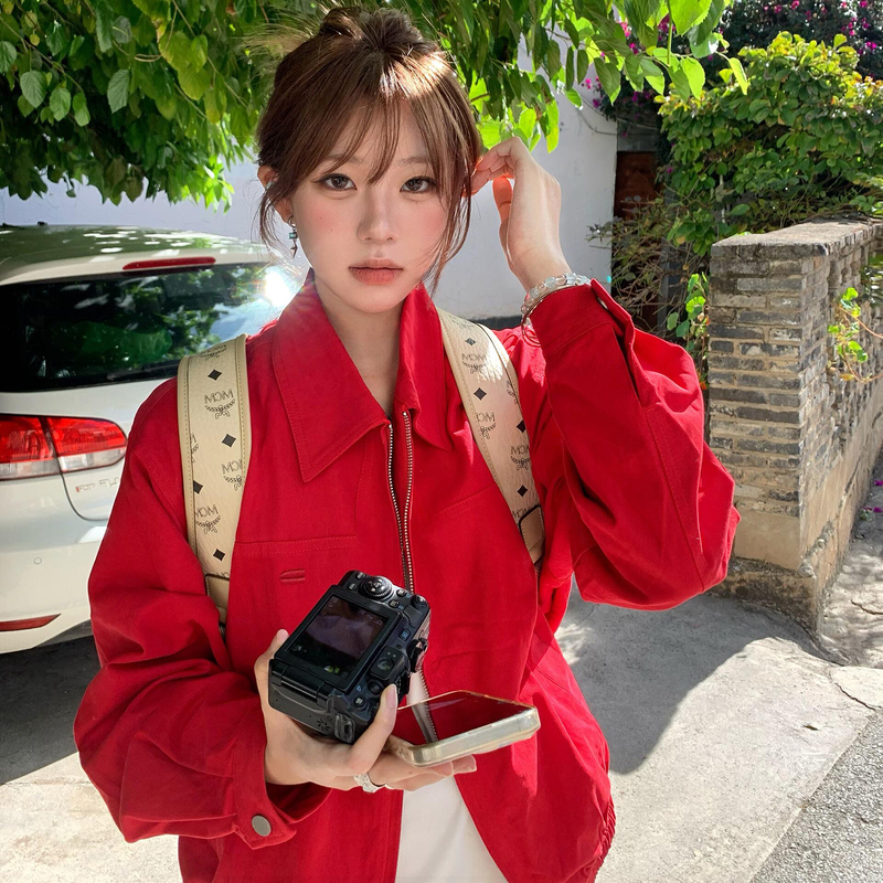 Early Autumn American-Style Short Red Lapel Jacket for Women, Autumn Petite High-End Early Autumn Harrington Jacket Early Autumn American-Style Short Red Lapel Jacket for Women, Autumn Petite High-End Early Autumn Harrington Jacket