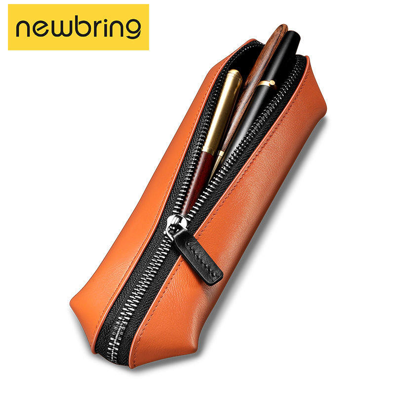 Bull Bing Genuine Leather Stationery Cashier Bag Portable Pen Bag Large Capacity Pull Chain Makeup Bag Desktop Containing Pencil Case