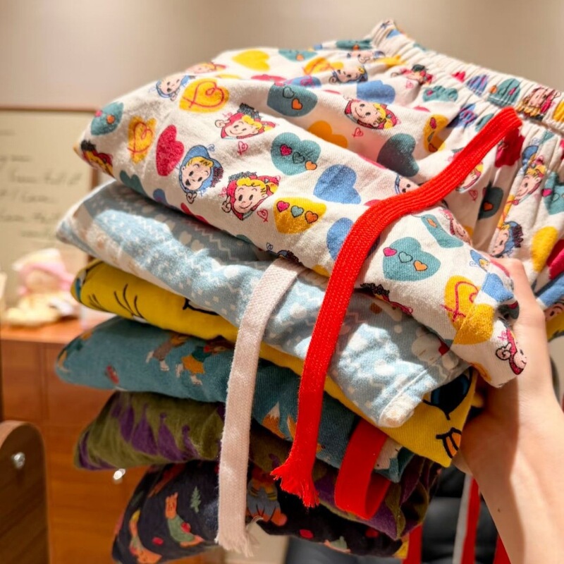 Early Autumn 100% Cotton Colorful Cartoon Pattern Brushed Pajama Pants with Pockets, Adjustable Drawstring, Loose-Fitting Home Long Pants