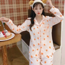 Pure cotton baby cotton breathable pajamas female spring and autumn students Korean version of orange printed bubble cotton home clothes two-piece tide