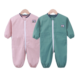 儿童连体罩衣外穿防脏爬行服宝宝护衣防水男女宝薄款哈衣春秋红色