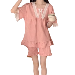 带胸垫夏季睡衣女薄款短袖短裤棉质可爱学生宿舍可外穿家居服自带