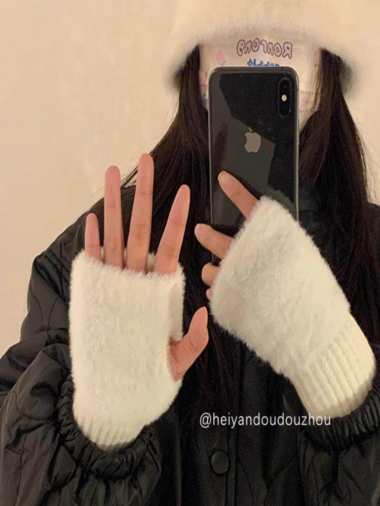 WARM WOOLEN HALF-FINGER GLOVES WOMENS WINTER PLUSH KNITTING WRIST PROTECTION FINGER LEAKAGE VERSATILE TOUCH SCREEN OFFICE GIRLS WRITING
