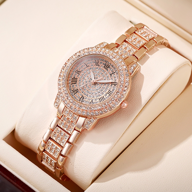 Yizhengbo Electronic Watch for Women, Niche Style, Diamond-Encrusted English Watch, Student Rose Gold Roman Pattern Full Diamond Women's Watch