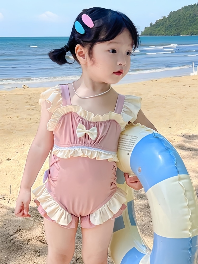 <!--女童泳衣儿童2024新款连体网红女孩衣服荷叶边公主风洋气泳装小童-->