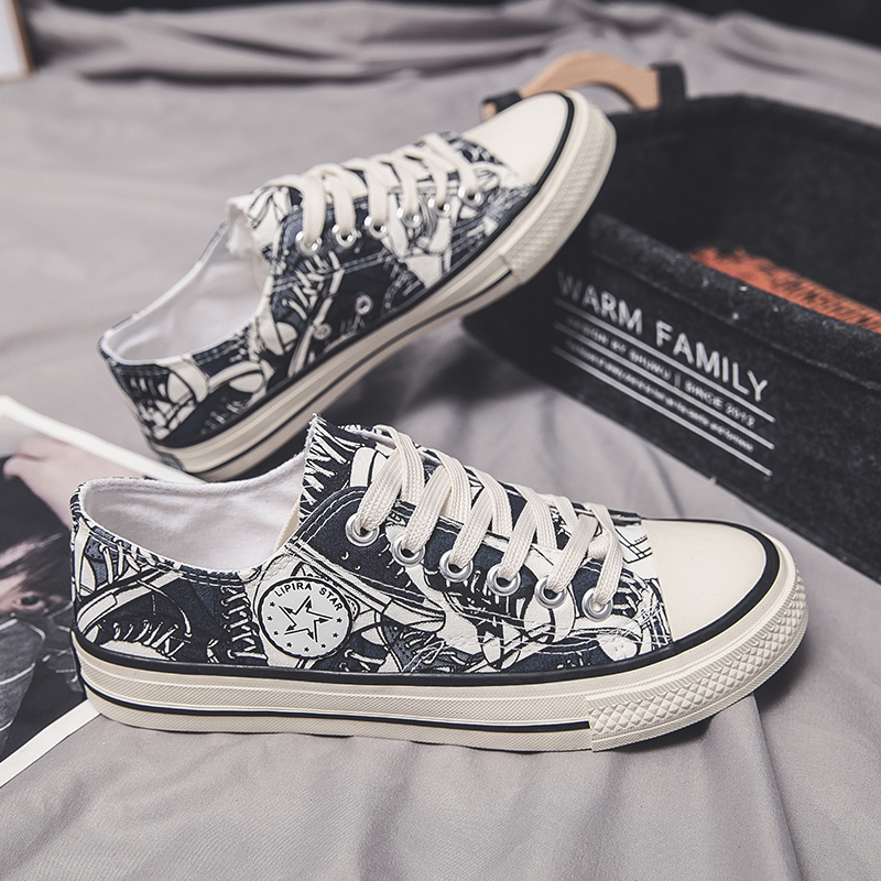 Low Tide And Black And Whitenew pattern Spring and summer Chaota Men's Shoes ventilation canvas shoe male Korean version Graffiti skate shoes male student leisure time Low Gang shoes