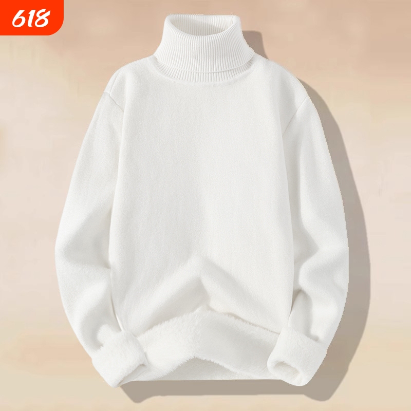 Fleece-Lined Turtleneck Sweater for Men, Autumn and Winter Base Layer, Thickened White Integrated Fleece Knitwear, Black