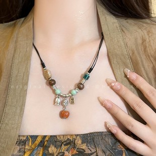 Peace is the blessing of the country, trendy retro new Chinese style ceramic necklace, women's long life clavicle chain, literary pendant clavicle chain