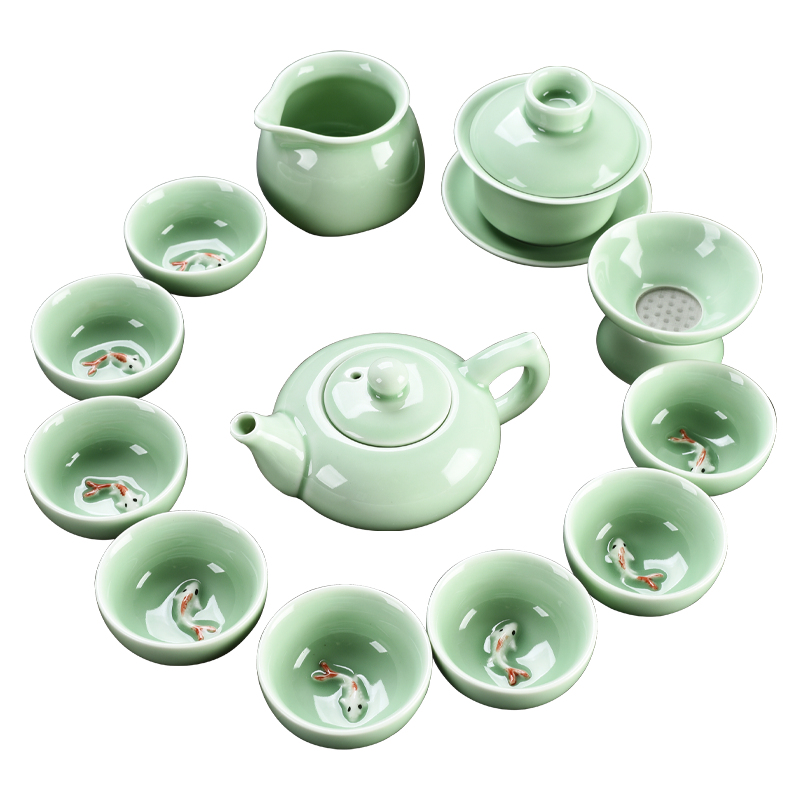 复古青瓷中国风青瓷功夫茶具套装盖碗茶壶鲤鱼杯办公家用简约礼品